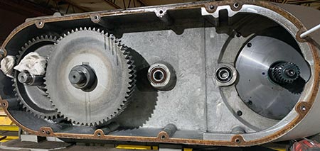 Inside of a disassembled hoist load brake before installing new replacement parts.